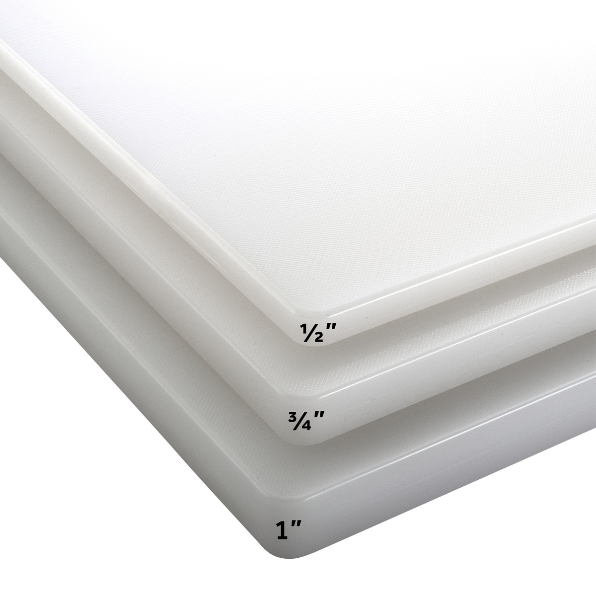 Three stacked white polyethylene cutting boards showing available thickness options: 1/2 inch, 3/4 inch, and 1 inch