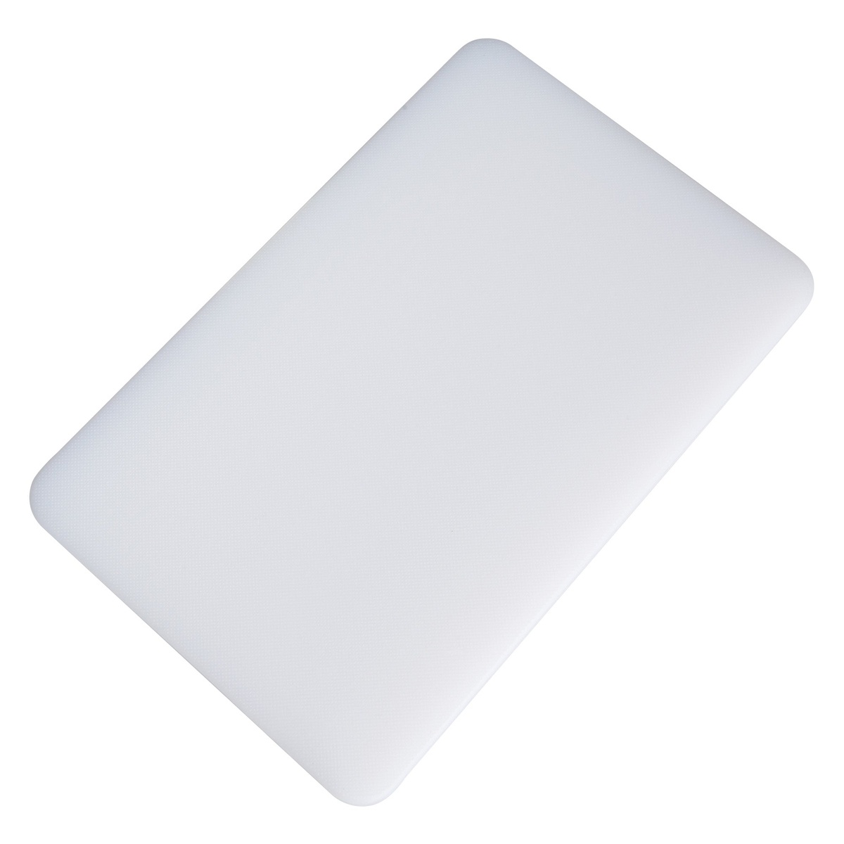 Winco CBWT-610 white rectangular polyethylene cutting board, angled top view showing rounded corners
