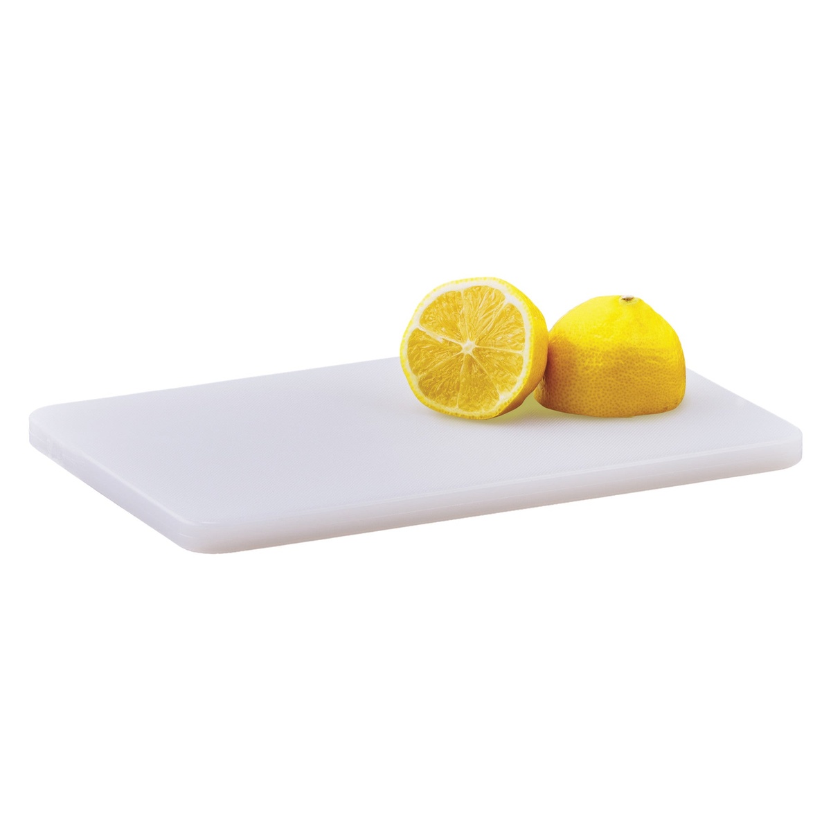 Winco CBWT-610 white cutting board shown flat with sliced lemons resting on the surface
