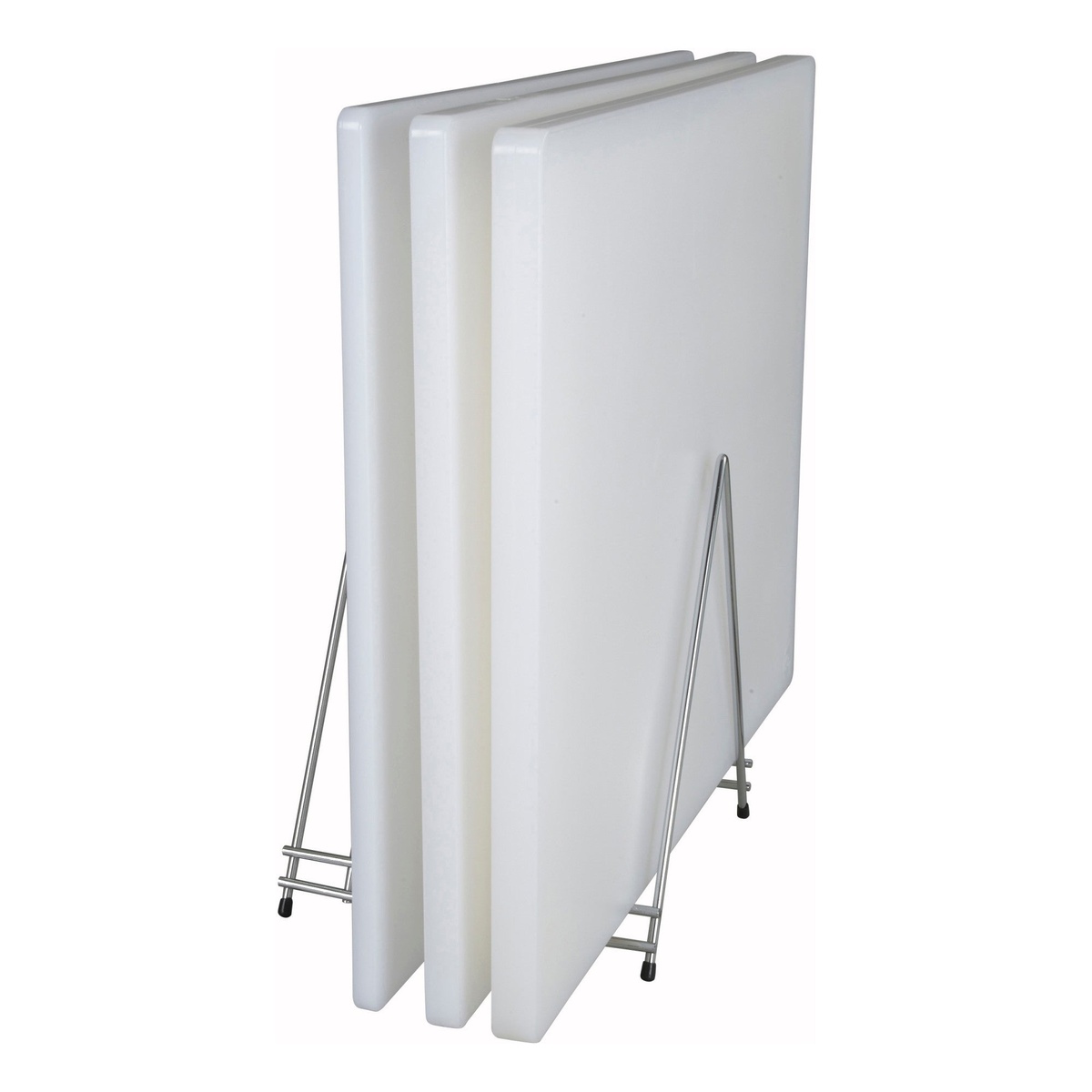 Multiple Winco white cutting boards stored upright in a stainless steel rack