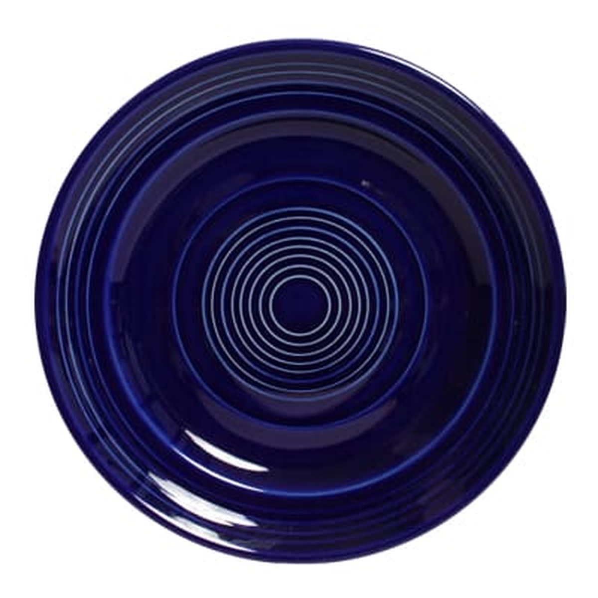 Tuxton Concentrix Cobalt 10-1/2 inch round plate, top view showing concentric ring pattern on deep cobalt blue glaze