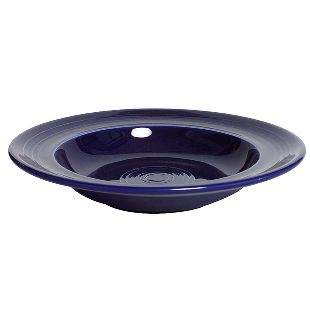 Tuxton Concentrix CCD-090 12 oz cobalt blue rimmed china soup bowl, top-angle view showing concentric ridges