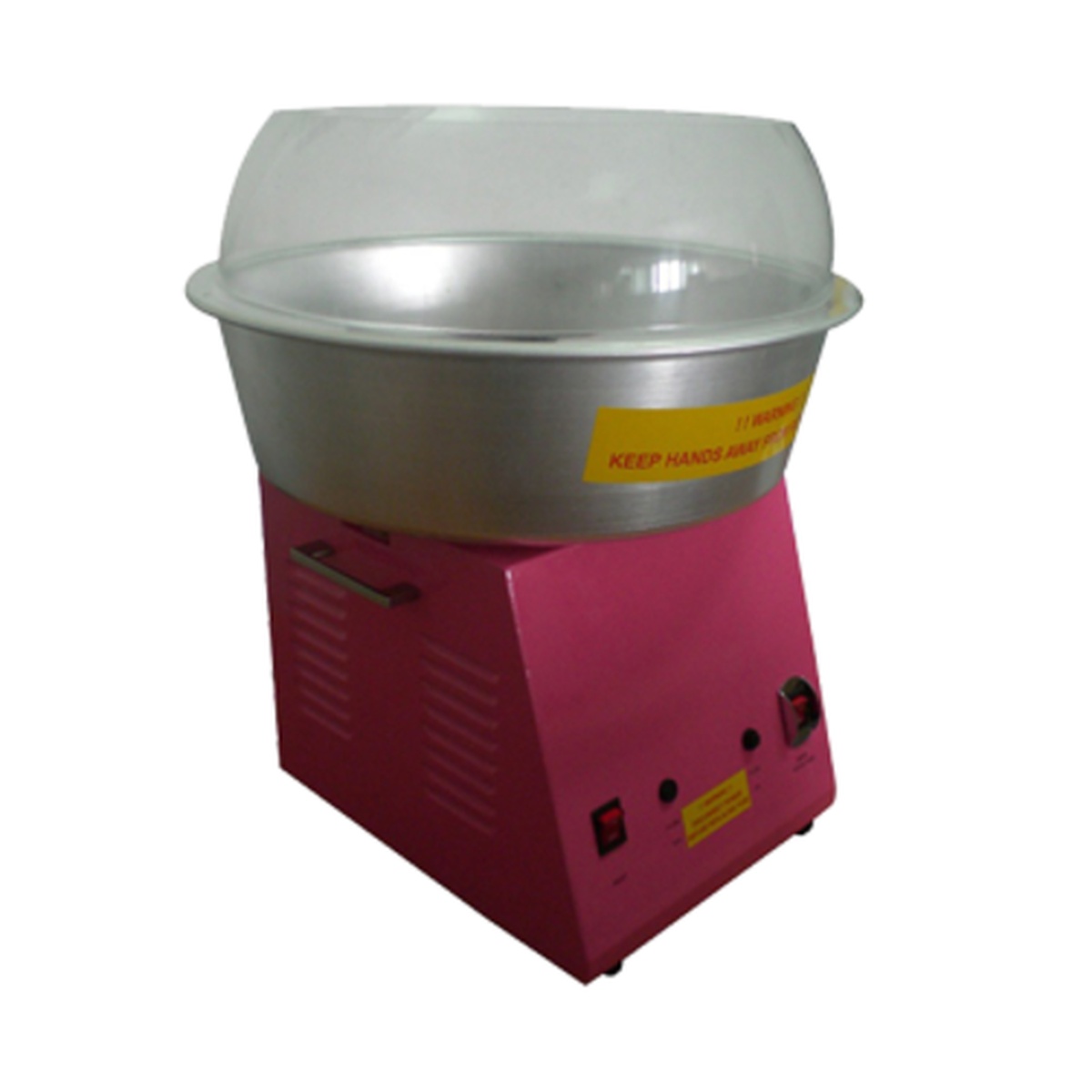 Cozoc CCM100 countertop cotton candy machine with pink steel body and clear dome bowl guard