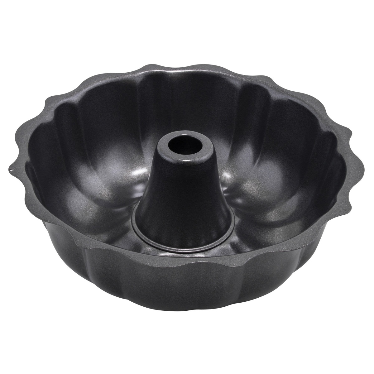 Winco CCP-10F fluted bundt cake pan in gray aluminized carbon steel, viewed from above at an angle