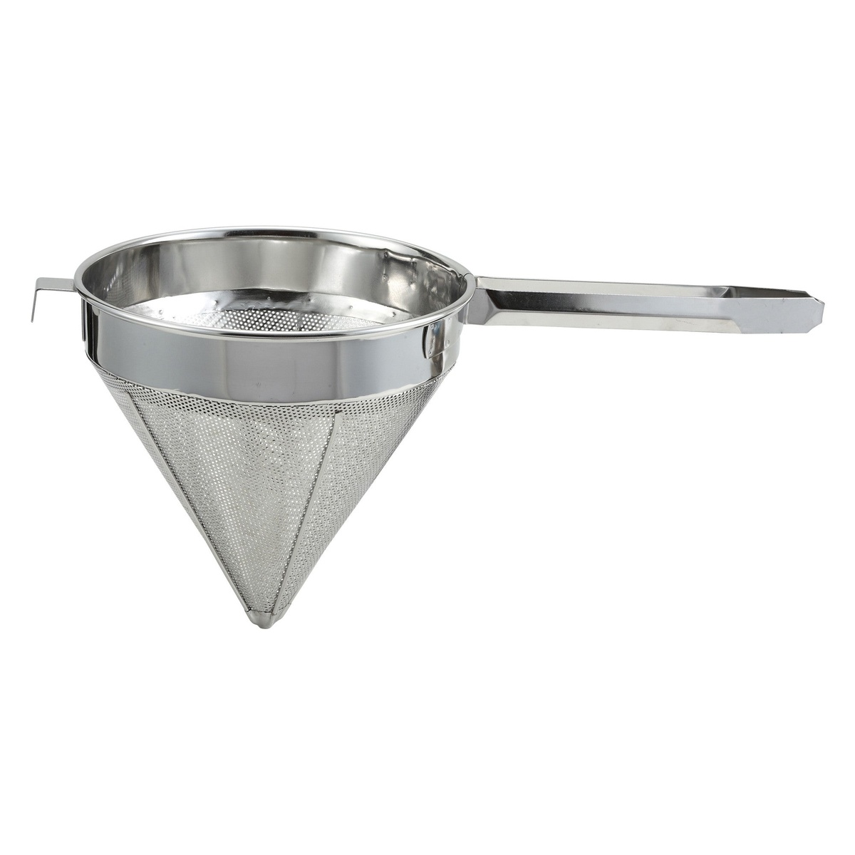 Winco CCS-8F 8-inch fine mesh stainless steel china cap strainer with welded handle on white background