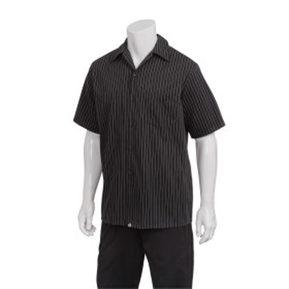 Chef Works black and white pinstripe short sleeve cook shirt displayed on a mannequin