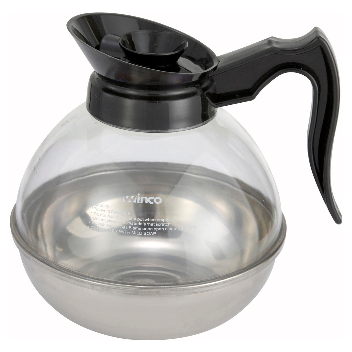 Winco CD-64K 64 oz coffee decanter with clear plastic body, black handle and lid, and stainless steel base