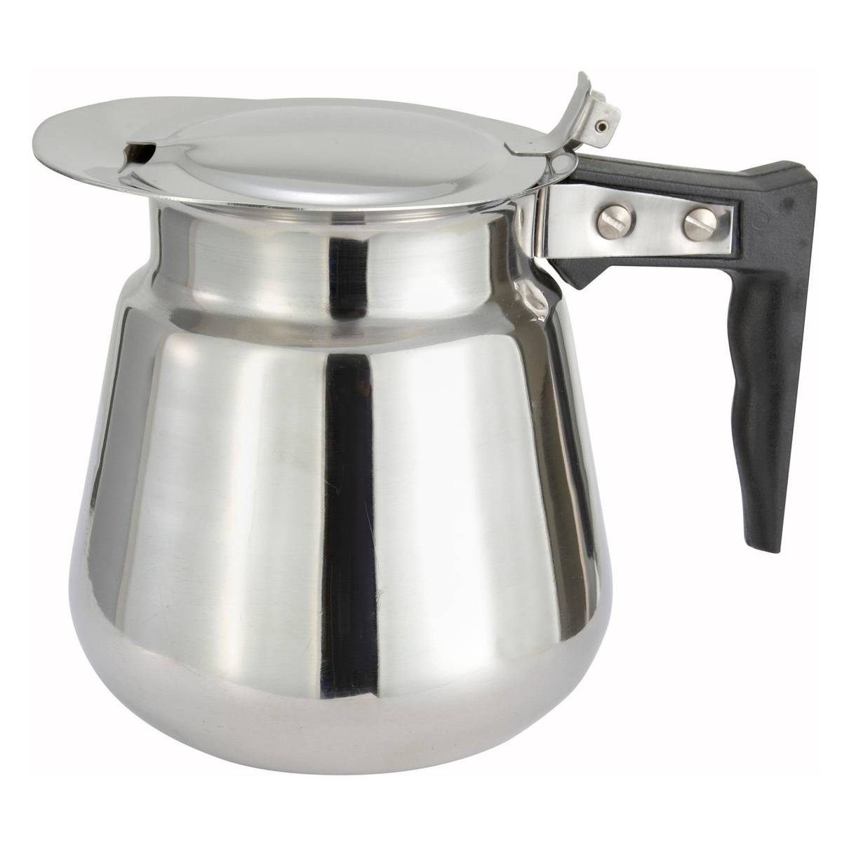 Winco CD-64O stainless steel 64 oz coffee server with hinged lid and black handle