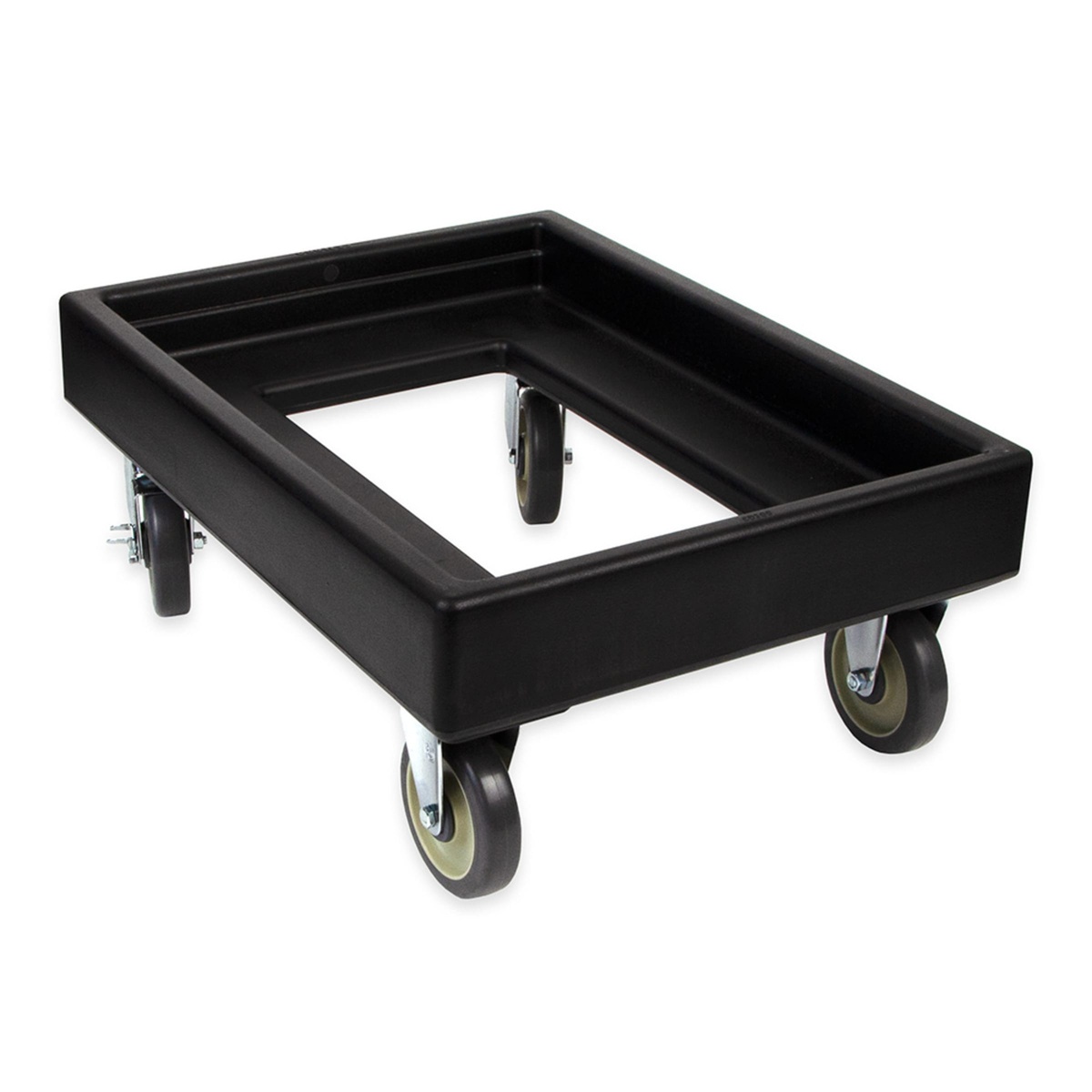 Cambro CD300110 black Camdolly elevated angled view showing sturdy frame and all four 5-inch casters