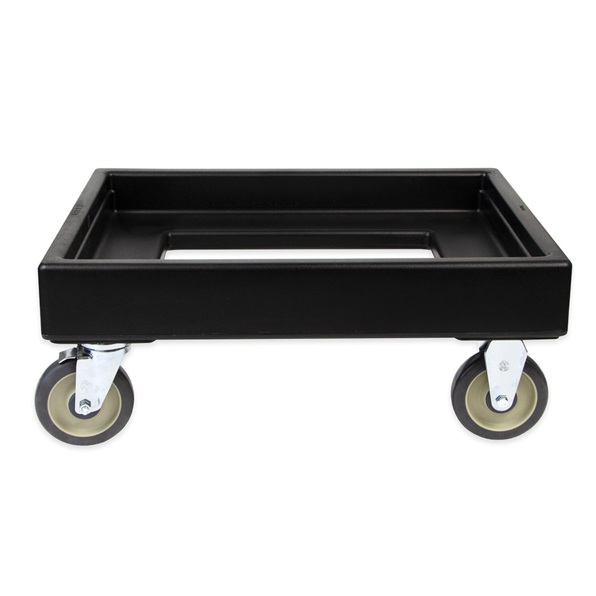 Cambro CD300110 black Camdolly front profile view showing low-profile frame and two swivel casters