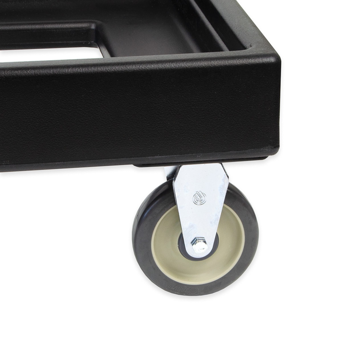 Close-up detail of Cambro CD300110 Camdolly 5-inch swivel caster bolted into molded steel plate