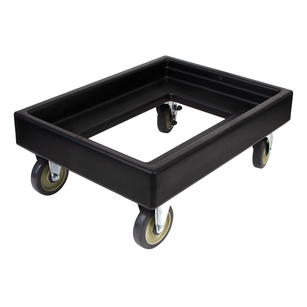 Cambro CD300110 black Camdolly angled view showing four casters and rectangular polyethylene frame