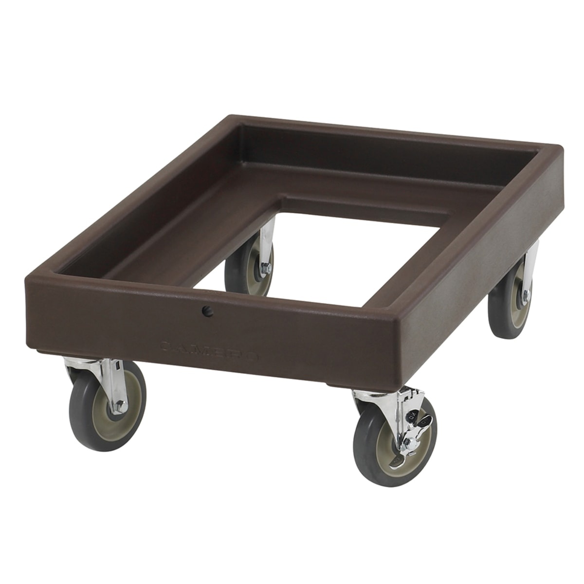 Cambro CD300131 dark brown Camdolly with four 5-inch casters on a white background