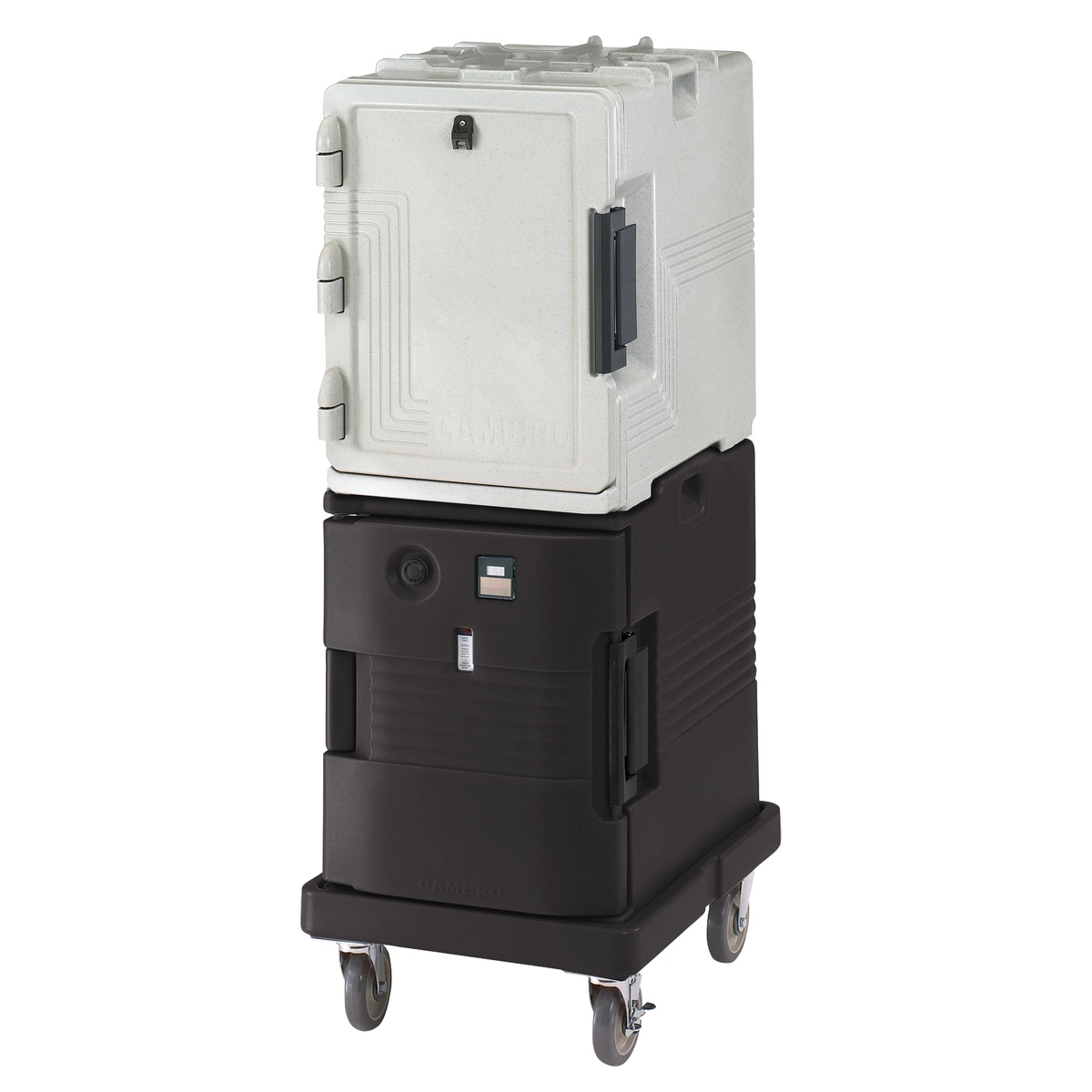Stacked insulated food pan carriers positioned on the Camdolly base