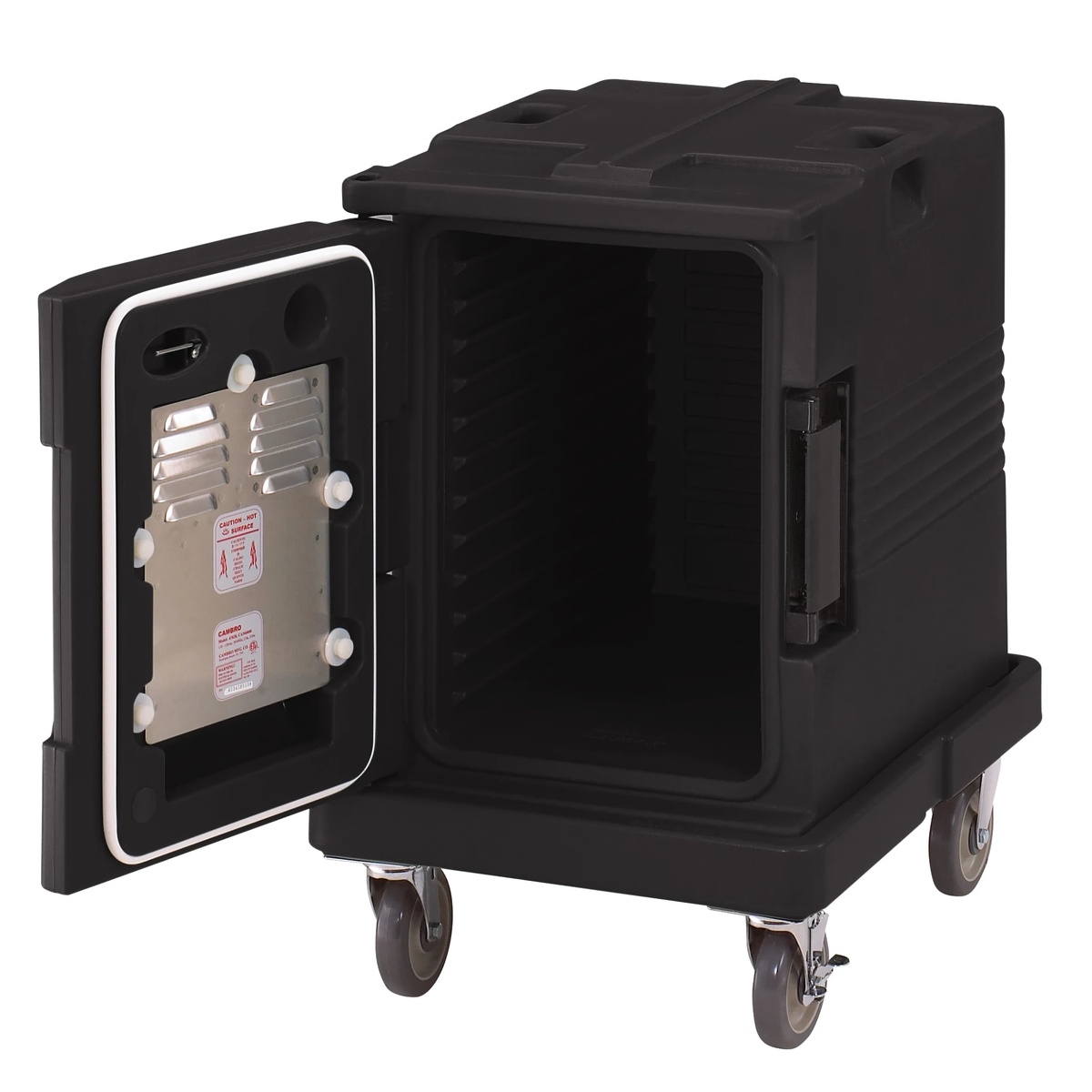 Insulated food pan carrier shown open while sitting on Camdolly base