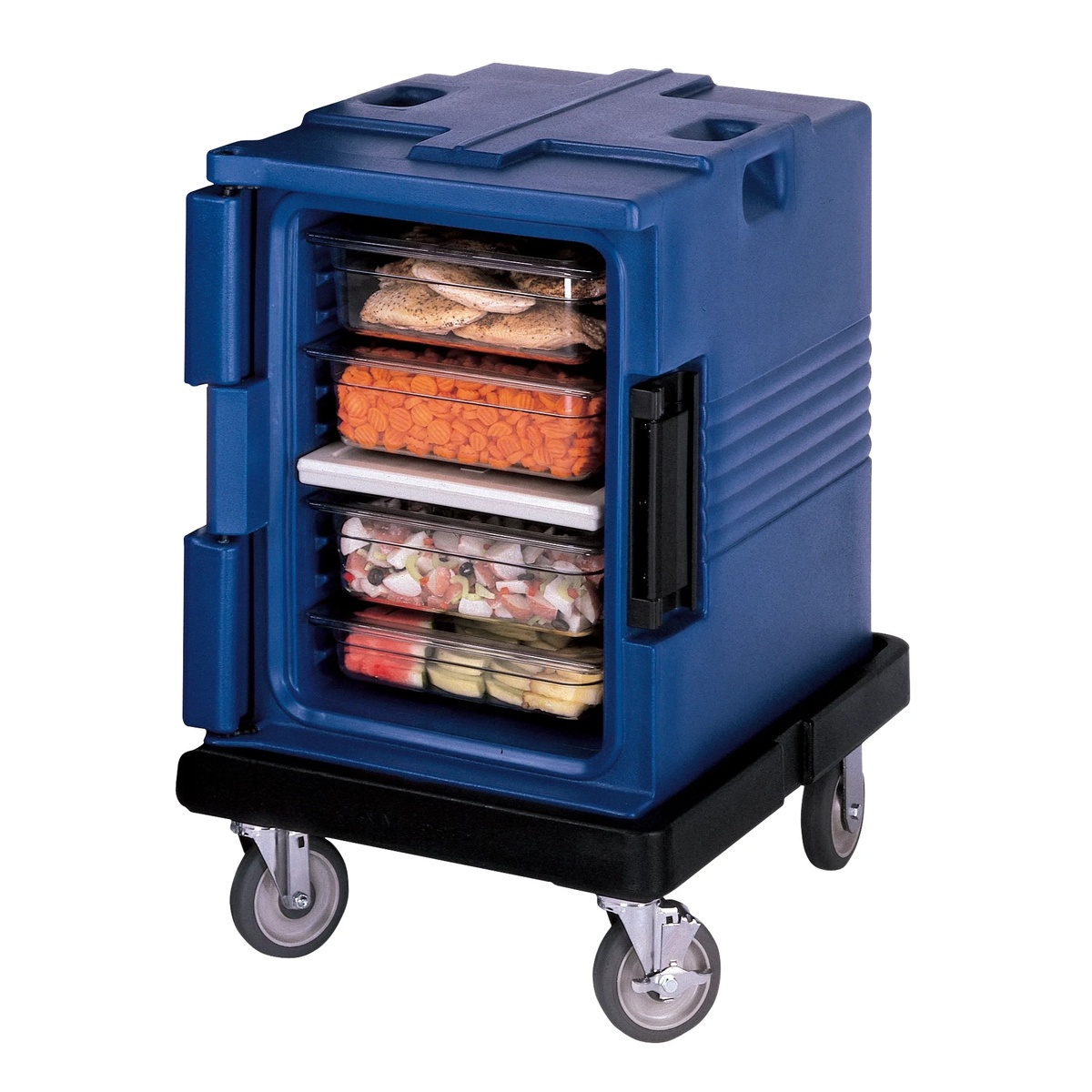 Blue insulated food pan carrier loaded with food pans on Camdolly base