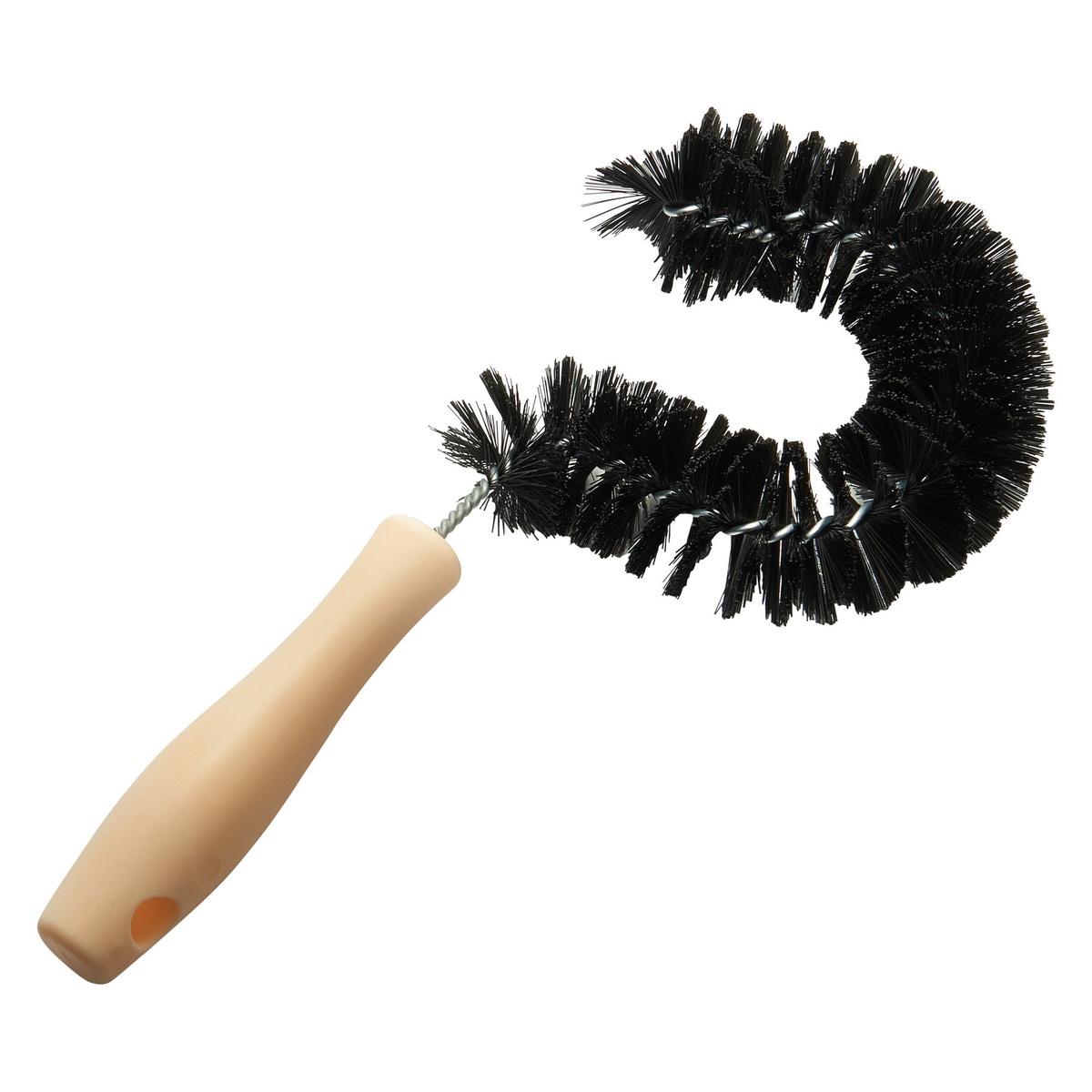Winco CDB-11 coffee decanter brush with cream plastic handle and black curved bristle head, angled view