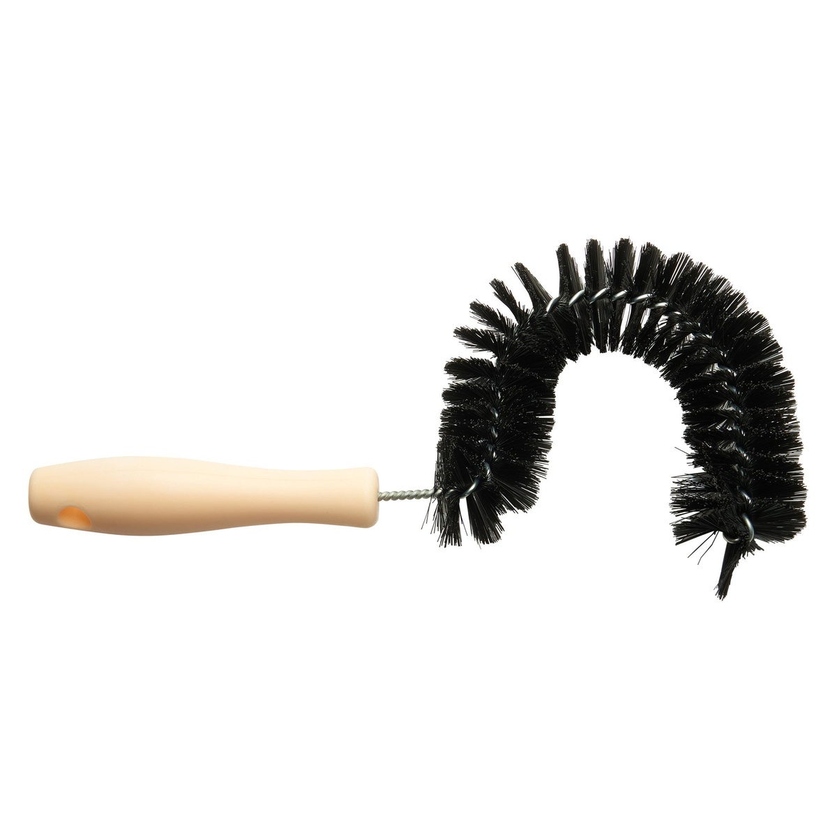 Winco CDB-11 coffee decanter brush side profile view showing curved black bristle head and cream plastic handle