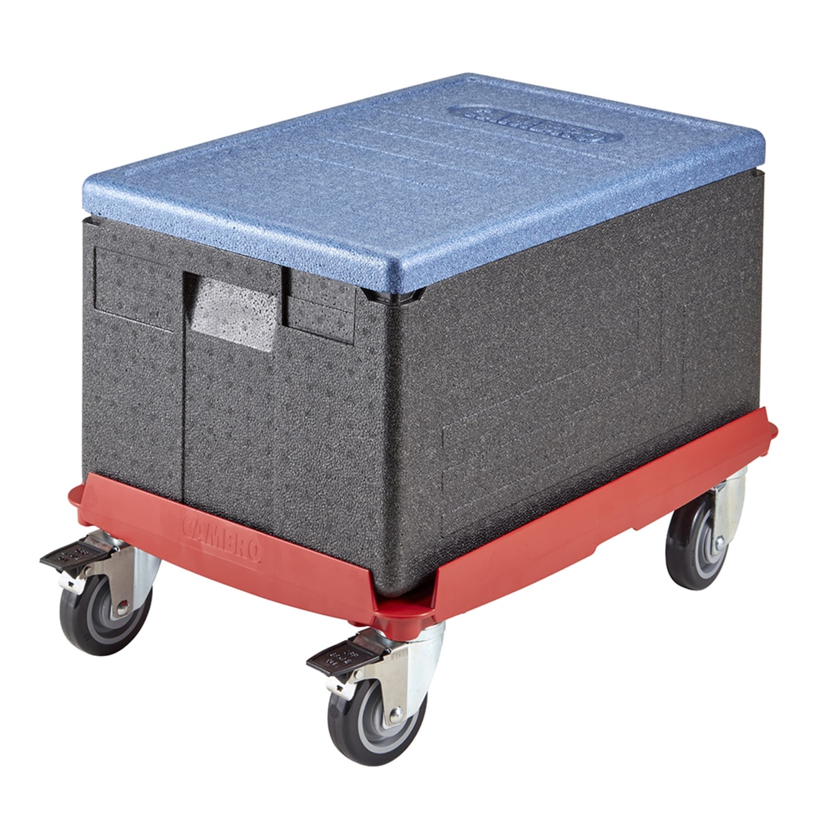 Cambro Cam GoBox insulated food carrier seated on the red CDC300358 Camdolly showing full compatibility