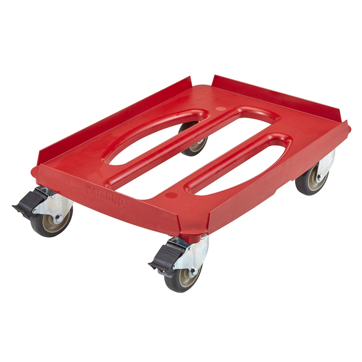 Cambro CDC300358 red ABS plastic Camdolly with four swivel casters on white background