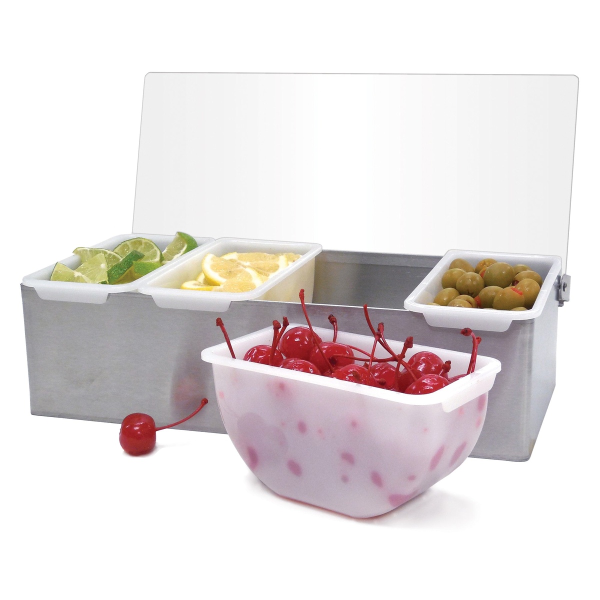Winco CDP-4 garnish station with hinged clear lid open, white plastic inserts filled with limes, lemons, olives, and cherries