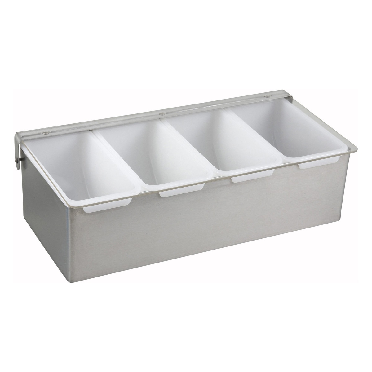 Winco CDP-4 4-compartment stainless steel garnish station with white plastic inserts, lid open, on white background