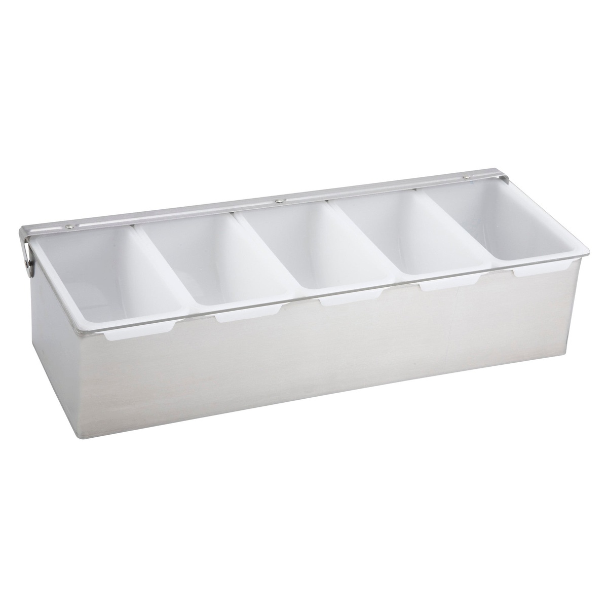 Winco CDP-5 stainless steel condiment holder with five white plastic inserts and hinged clear cover, open view