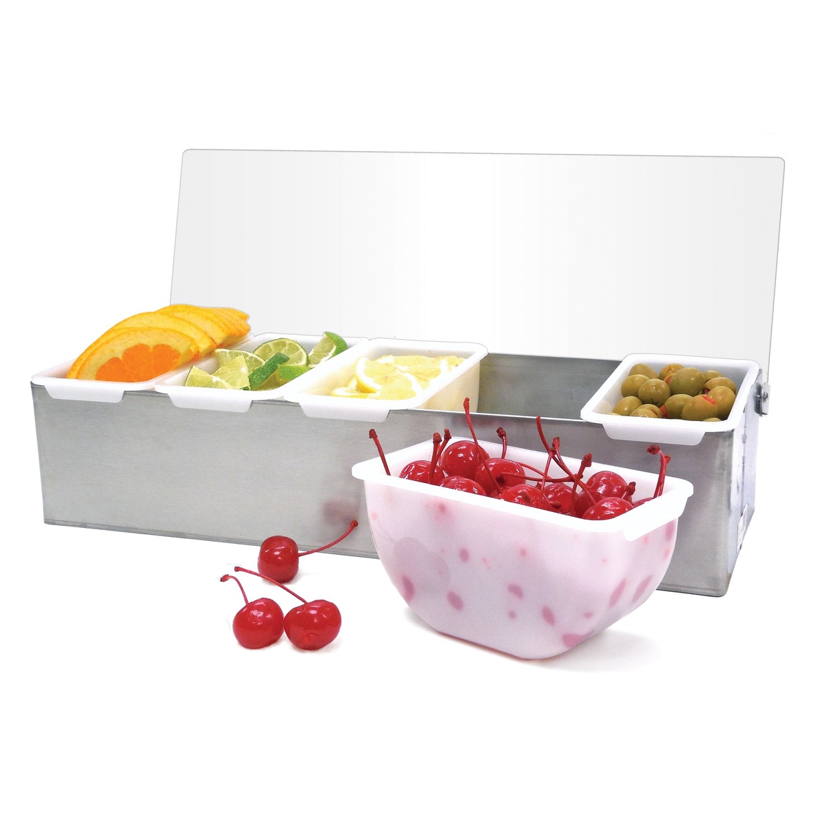 Winco CDP-5 condiment holder with lid open showing removable inserts filled with citrus, olives, and cherries