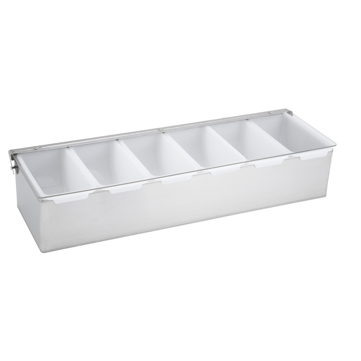 Winco CDP-6 six-compartment stainless steel garnish tray with clear hinged lid closed and six white plastic inserts visible