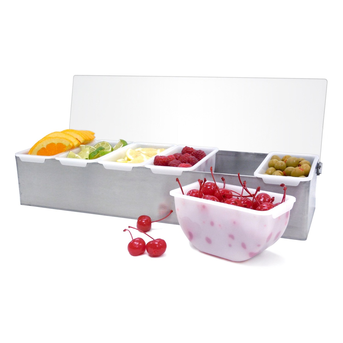 Winco CDP-6 garnish tray open with white plastic inserts filled with orange slices, lime wedges, lemon slices, raspberries, cherries, and olives, one insert removed and displayed in front