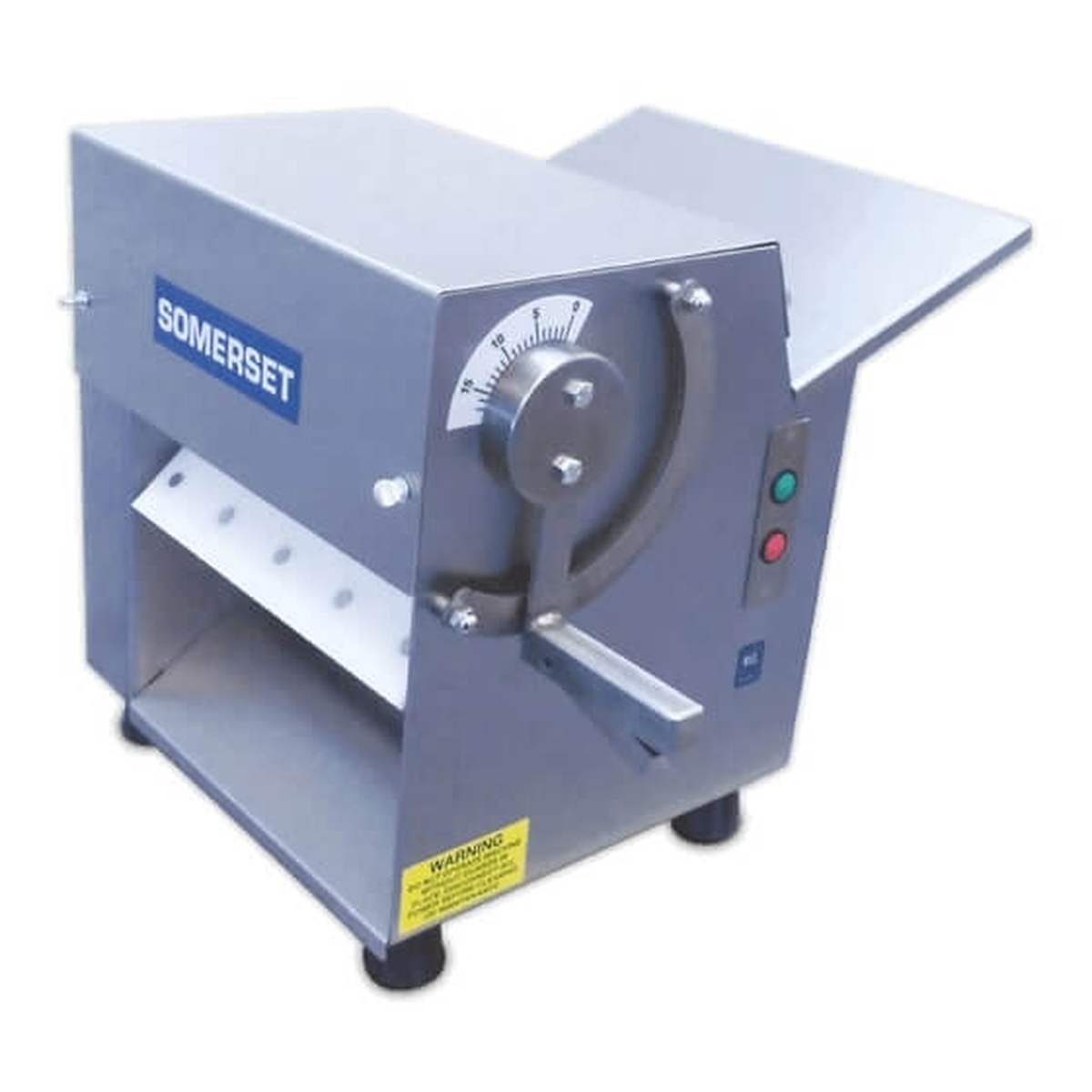 Somerset CDR-100 countertop dough sheeter with stainless steel body, adjustment dial, and roller opening