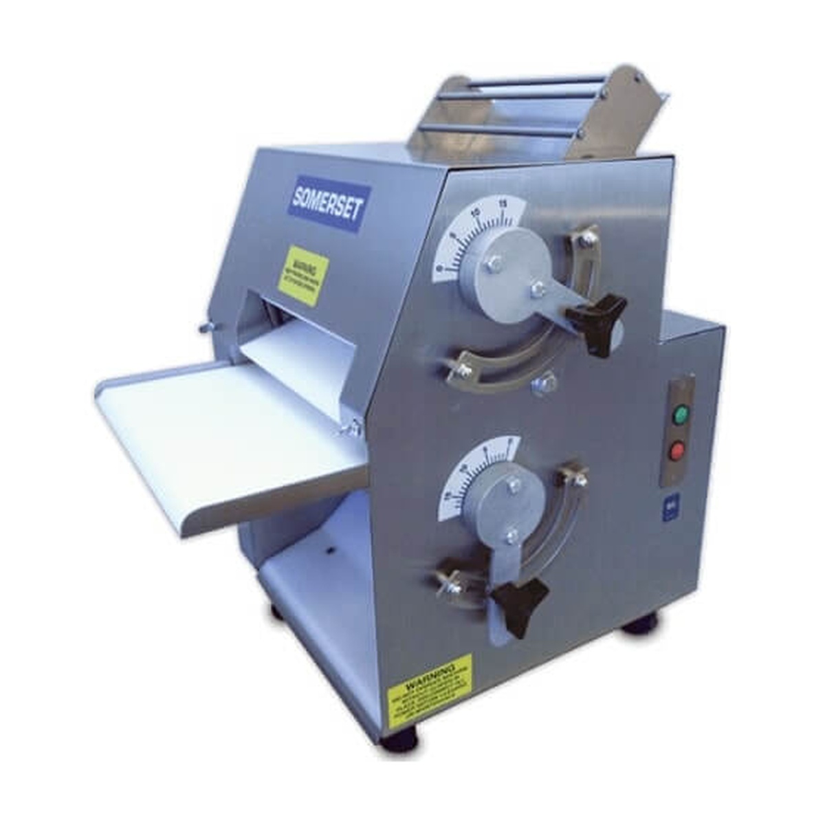 Somerset CDR-1100 electric countertop dough roller with dual adjustment dials, output tray, and stainless steel body