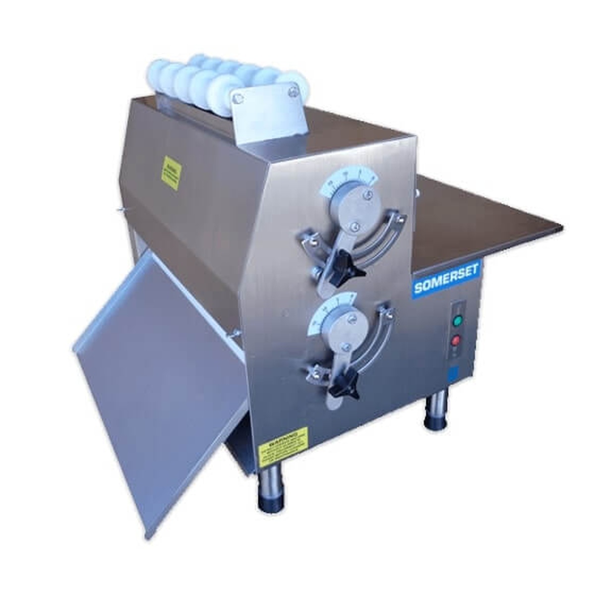 Somerset CDR-1500 stainless steel compact dough roller with synthetic rollers, dual adjustment handles, and output tray