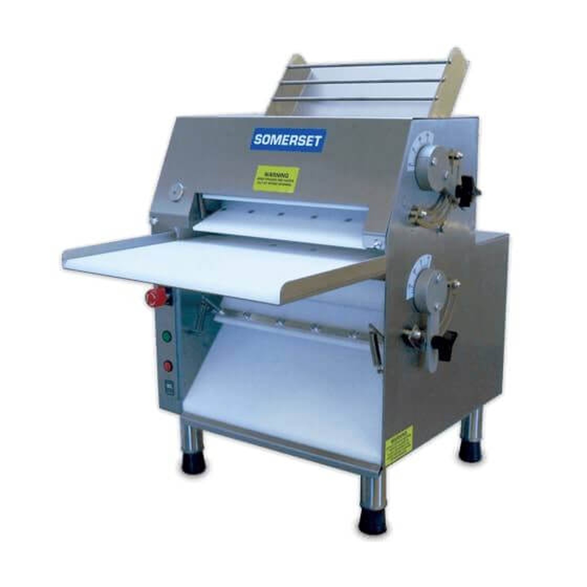 Somerset CDR-1550 countertop dough roller and sheeter with stainless steel construction, dual adjustment knobs, and white conveyor belt