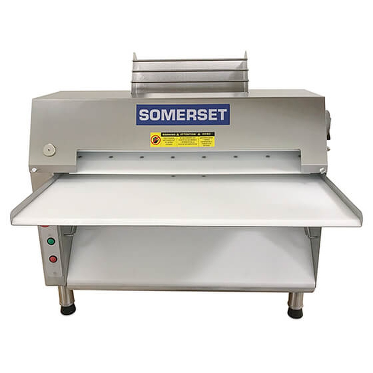 Somerset CDR-2500 commercial countertop dough roller with white output conveyor belt, front control buttons, and large hopper on stainless steel legs