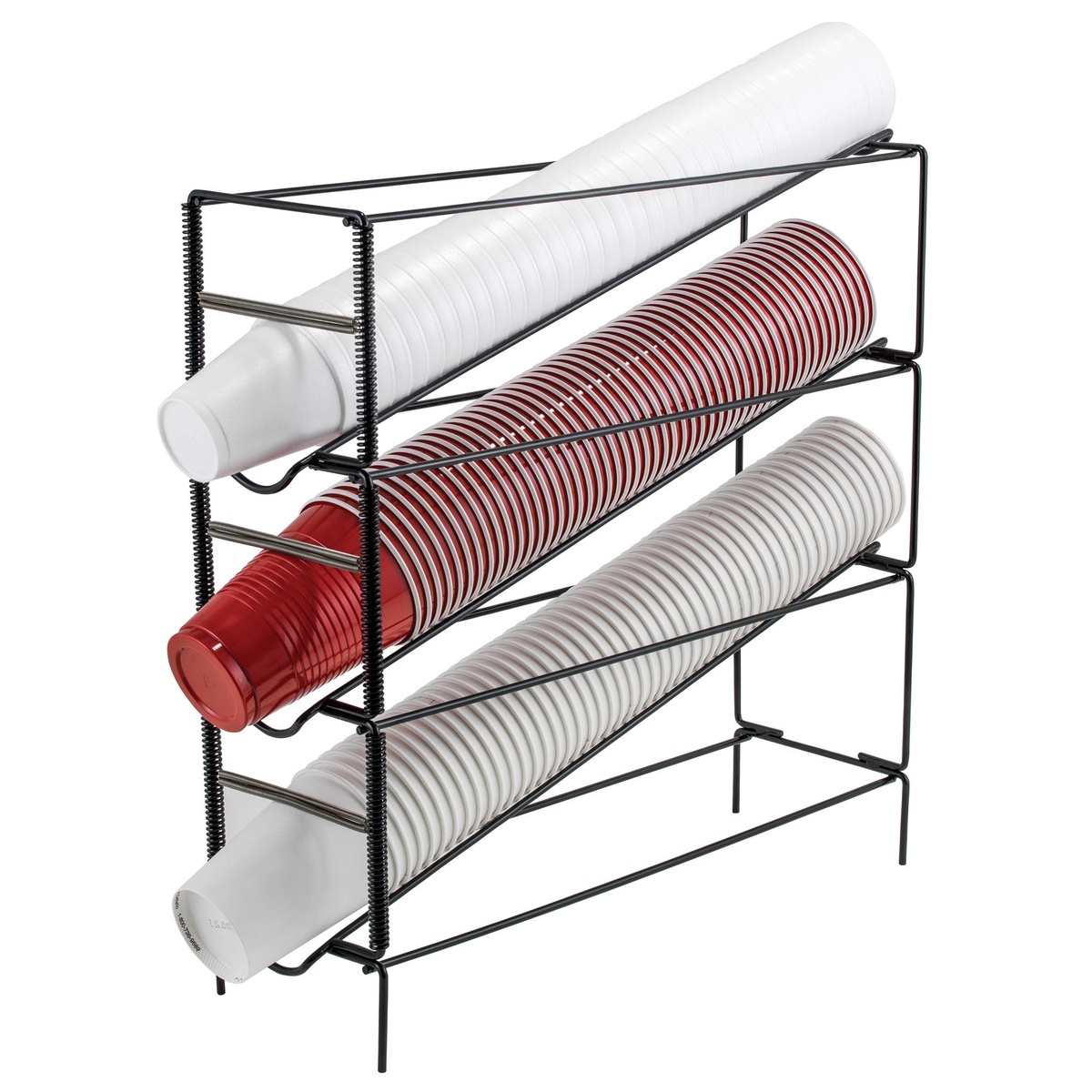 Winco CDR-3 3-tier black wire cup dispensing rack loaded with white foam and red plastic cups