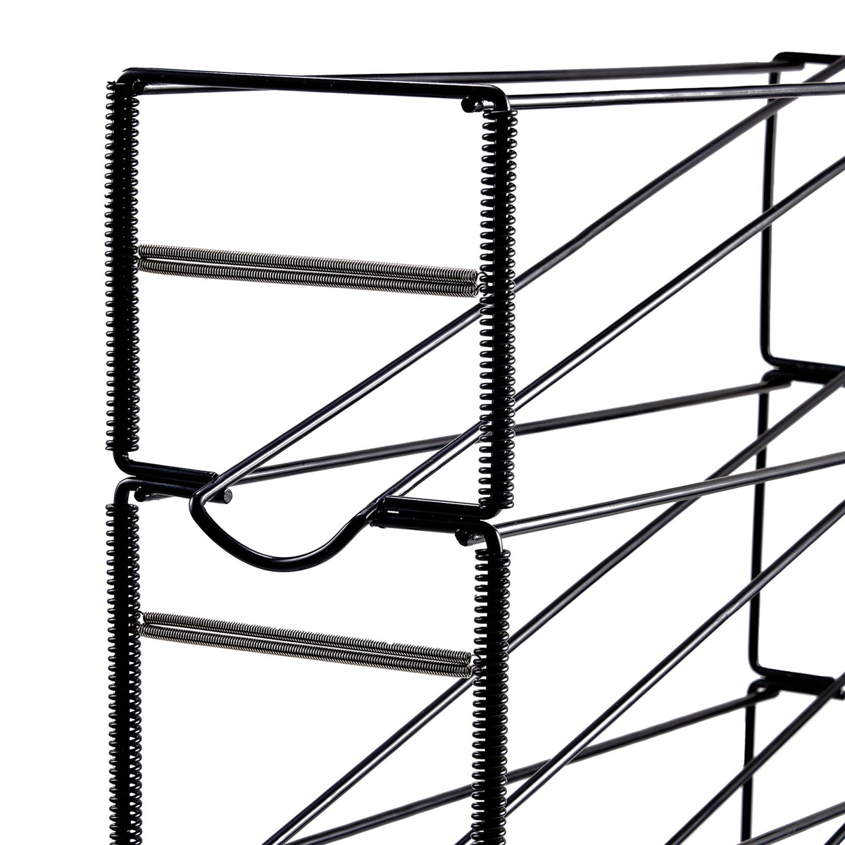 Close-up detail of Winco CDR-3 black wire rack showing coil spring cup stops and angled rails