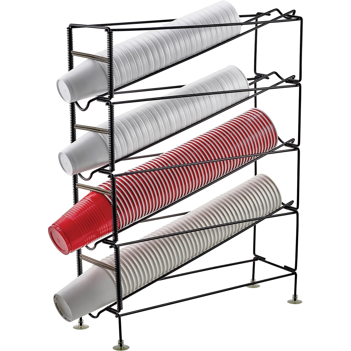 Winco CDR-4 4-tier black wire cup dispensing rack loaded with white foam and red plastic cups