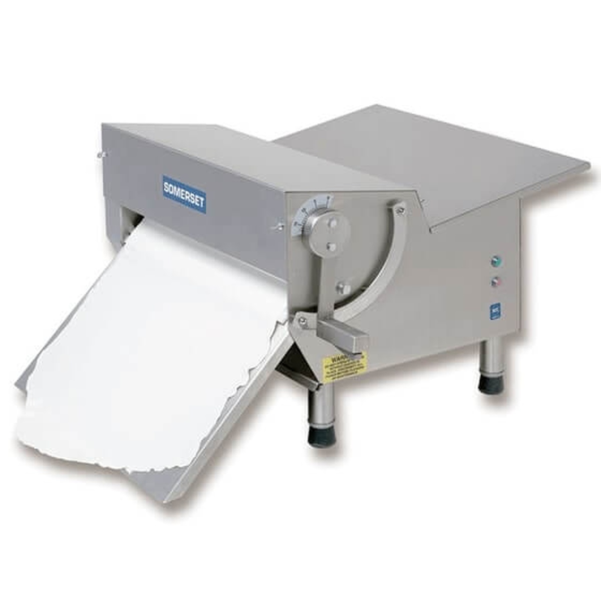 Somerset CDR-500F countertop dough and fondant sheeter with stainless steel frame, side-mounted adjustment handle, and output tray showing sheeted dough