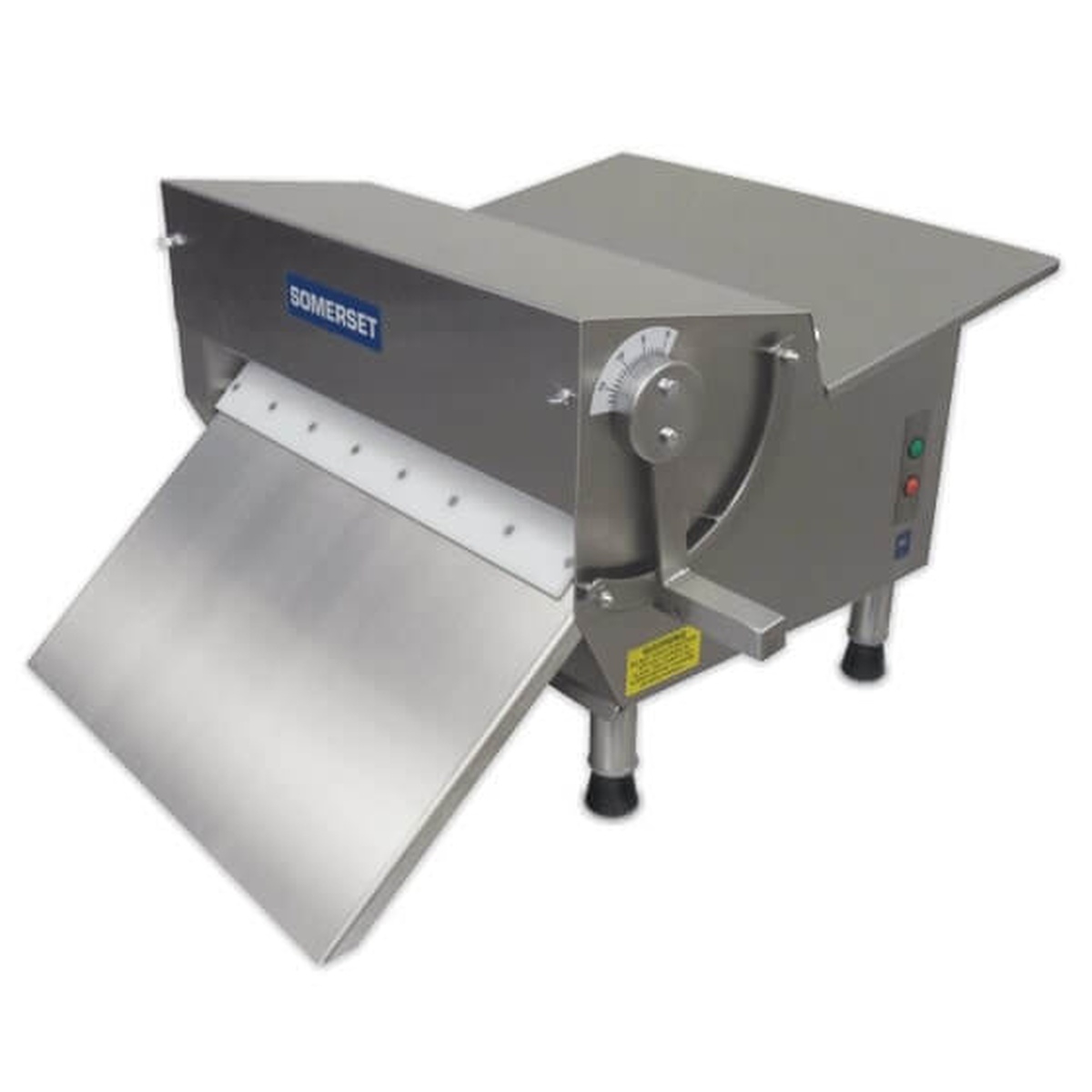 Somerset CDR-600F countertop dough and fondant sheeter with stainless steel discharge tray, side-mounted thickness adjustment handle, and spring-loaded scrapers