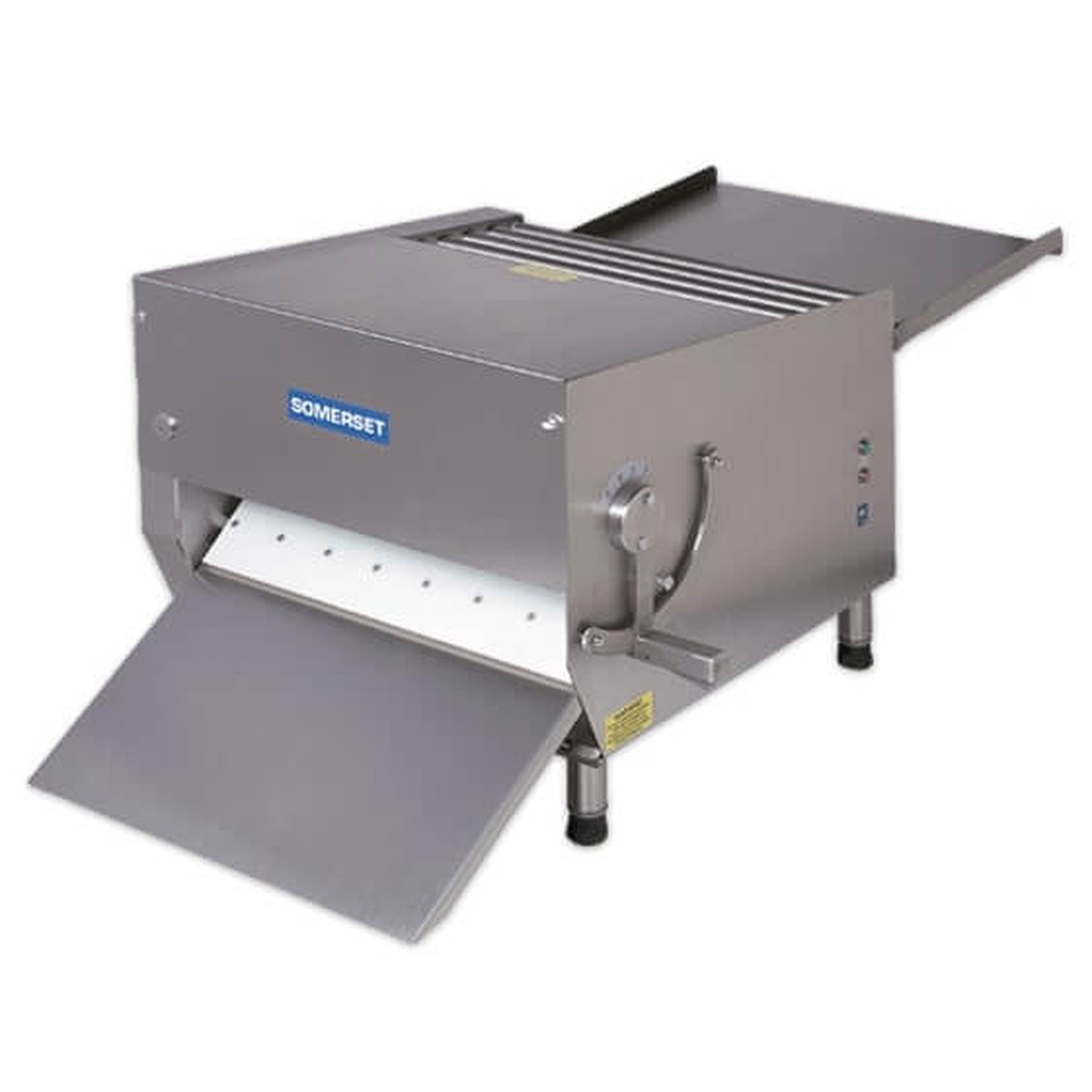 Somerset CDR-700 heavy-duty countertop dough sheeter with extended sliding tray and stainless steel housing