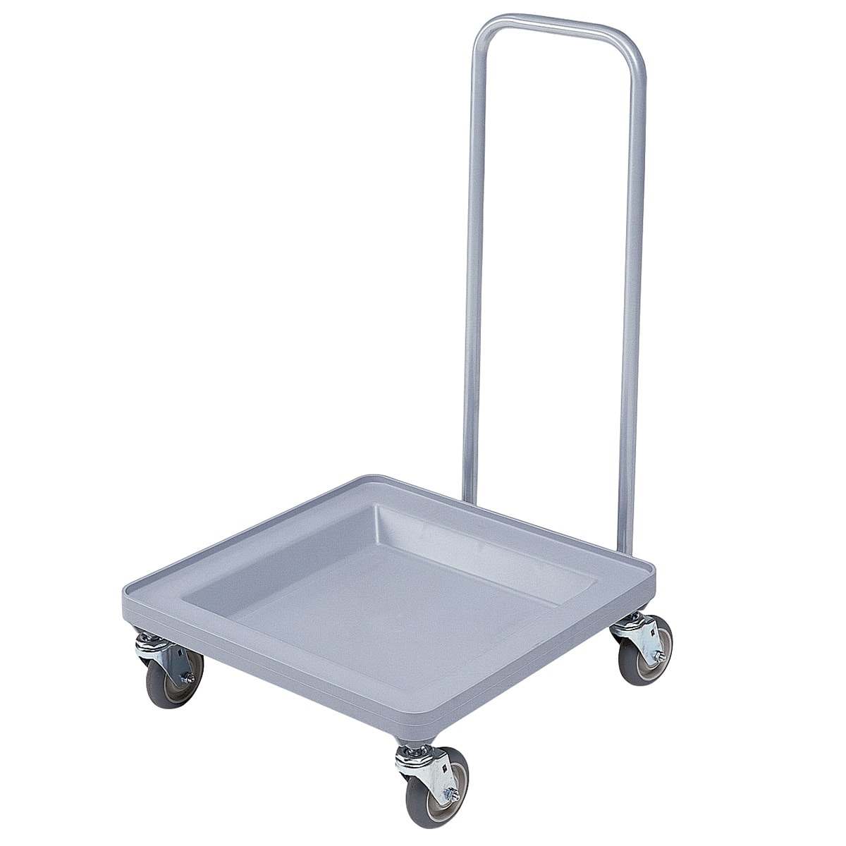Cambro CDR2020H151 soft gray dish rack Camdolly with handle and four swivel casters, angled view
