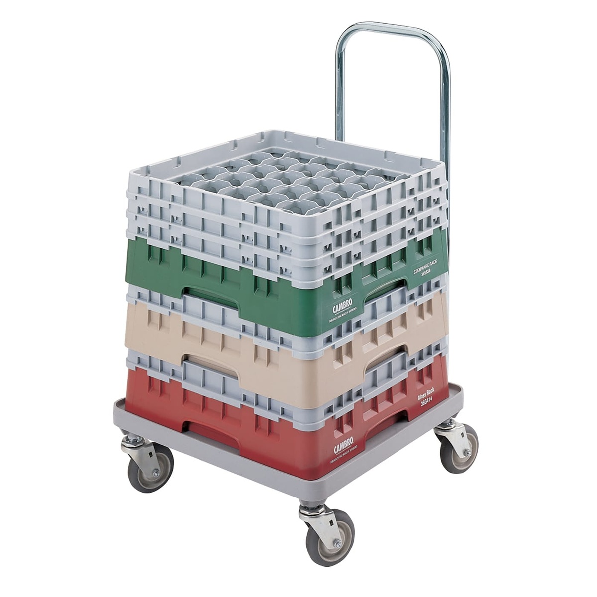 Cambro Camdolly loaded with stacked Camrack glass and dish racks in multiple colors