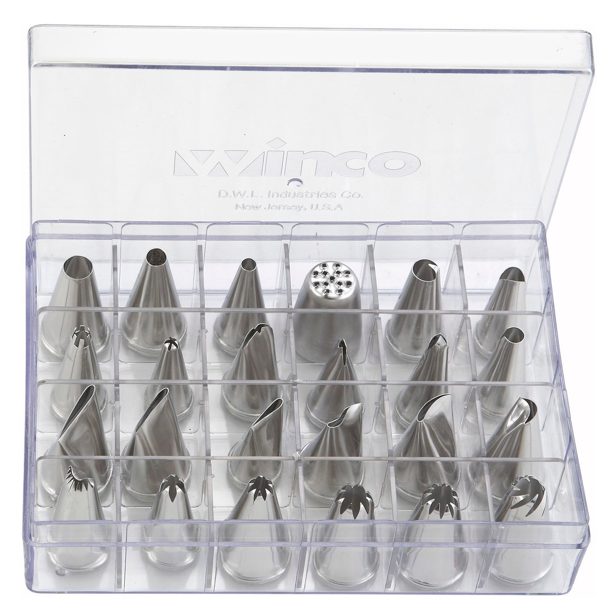 Winco CDT-24 24-piece stainless steel cake decorating tip set displayed in open clear plastic storage box