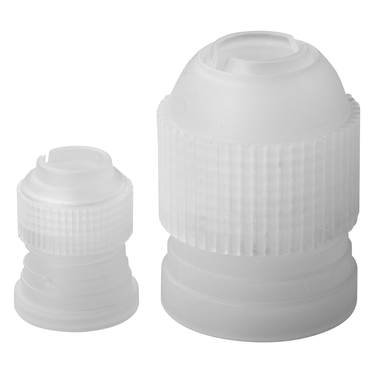 Winco CDTC-2 two white plastic piping bag couplers, small and large sizes, shown on white background