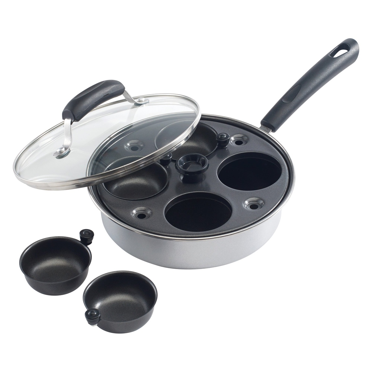 Exploded view of Winco egg poacher showing removable non-stick cups and tray