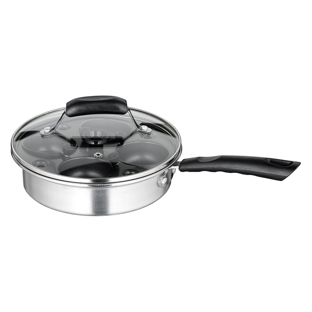 Winco CEP-4 stainless steel egg poacher set with glass lid closed