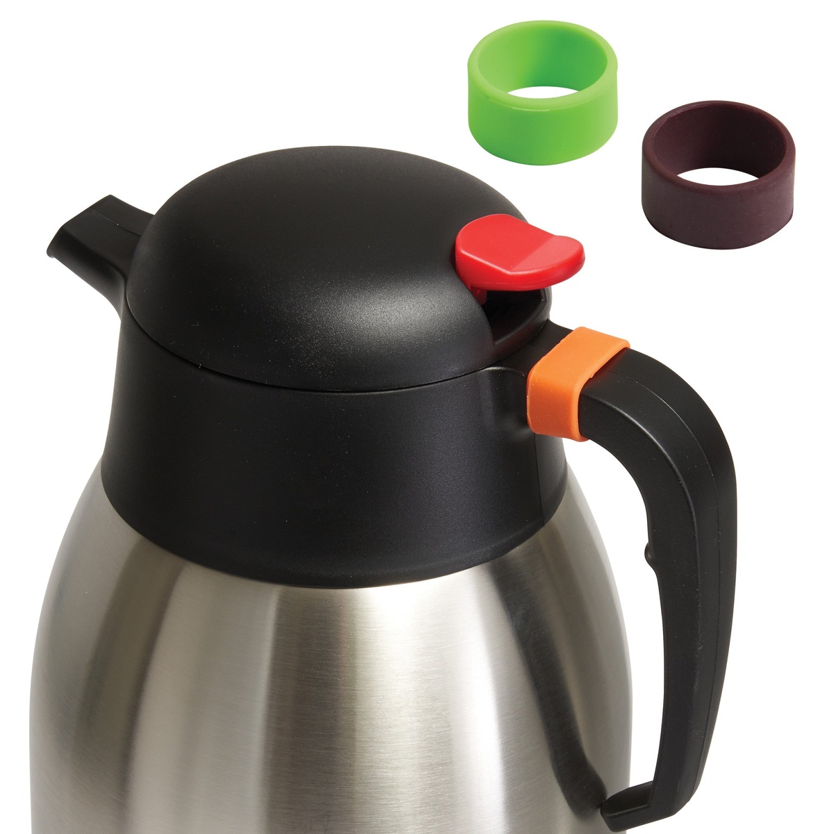 Close-up of Winco CF-1.2 carafe lid showing red push button, orange dispensing lever, and colored identification rings