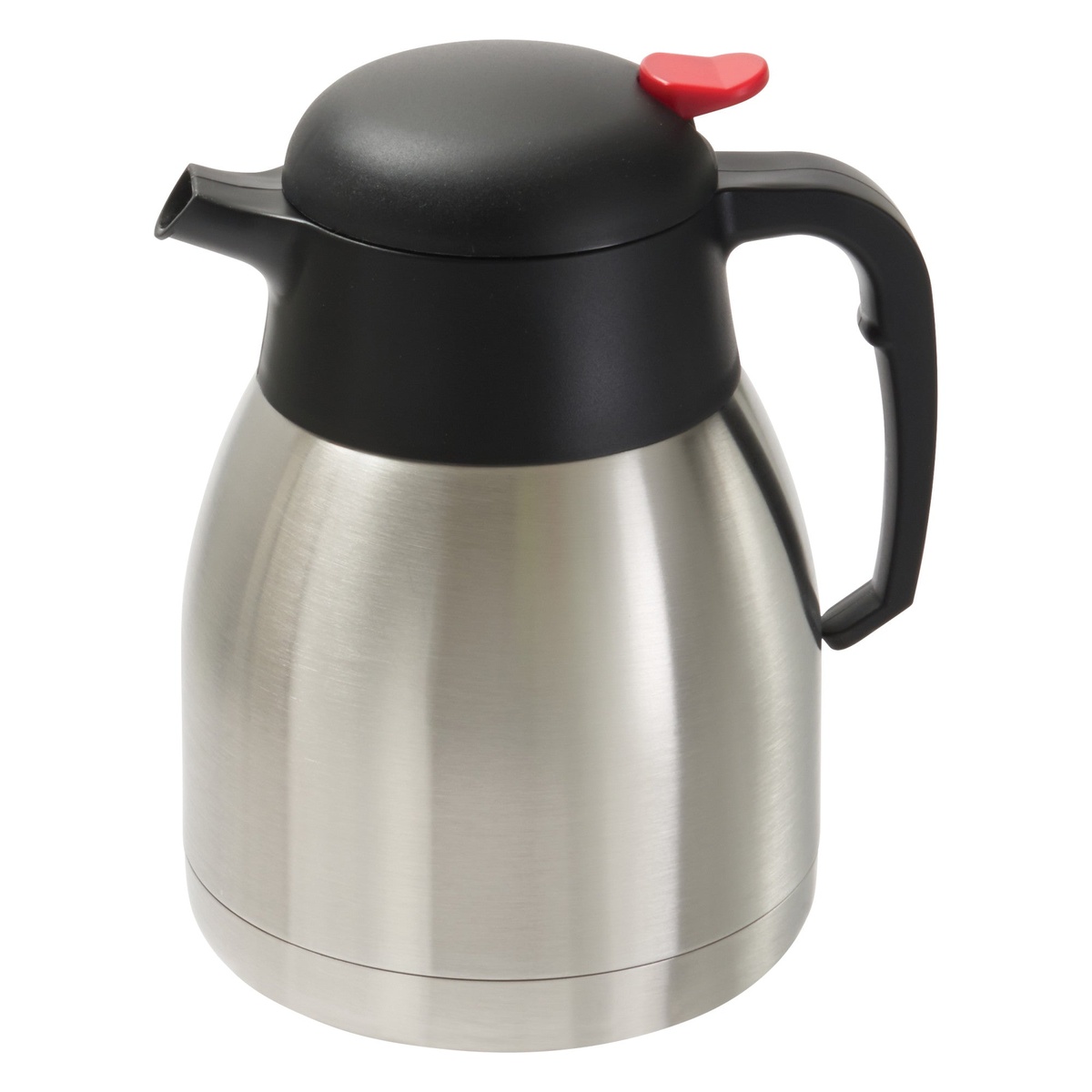 Winco CF-1.2 stainless steel insulated carafe with black lid and red push button, full product view