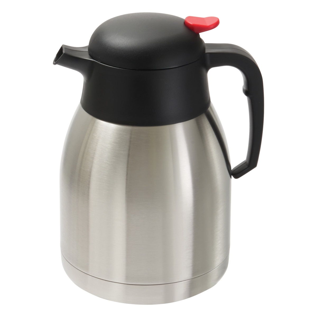 Winco CF-1.5 stainless steel insulated carafe with black lid and red push button